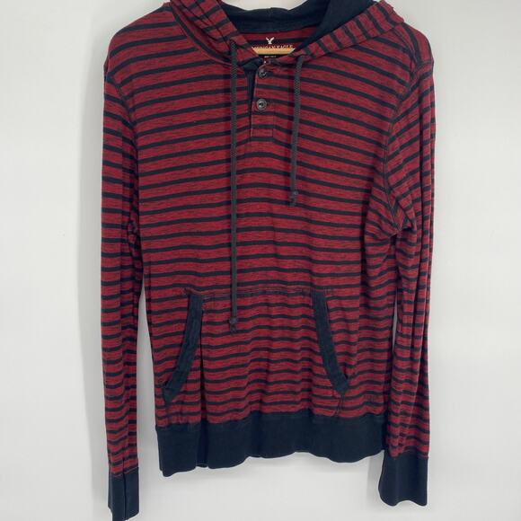 American Eagle Henley Hoodie Men’s Medium Red & Black 90s Y2K Collegiate Preppy - Picture 1 of 7